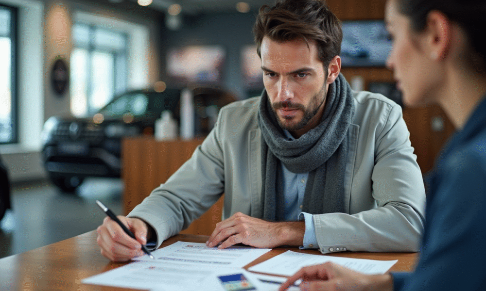 Homme discutant avec un conseiller automobile en concession