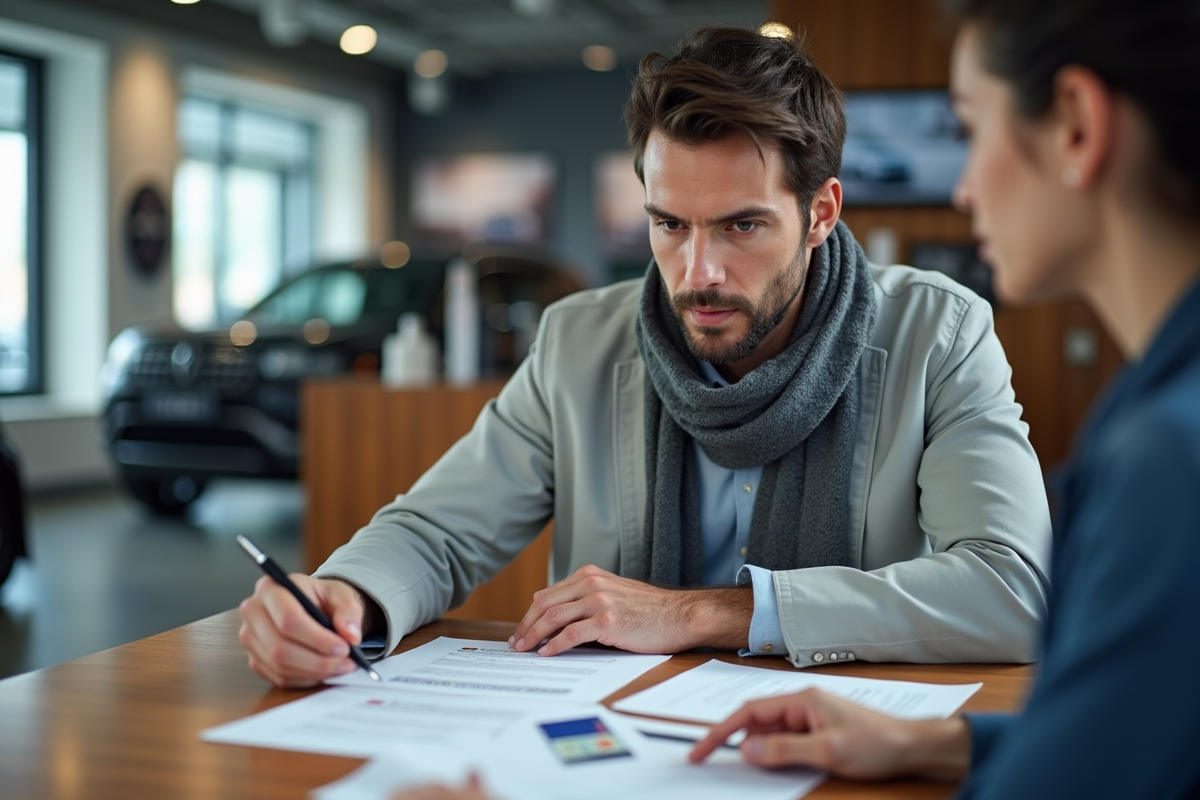 Homme discutant avec un conseiller automobile en concession