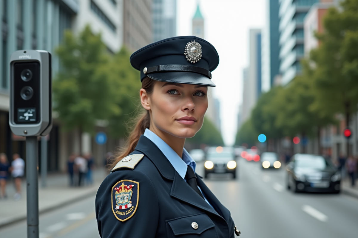 Agent de sécurité près d’un radar routier en ville