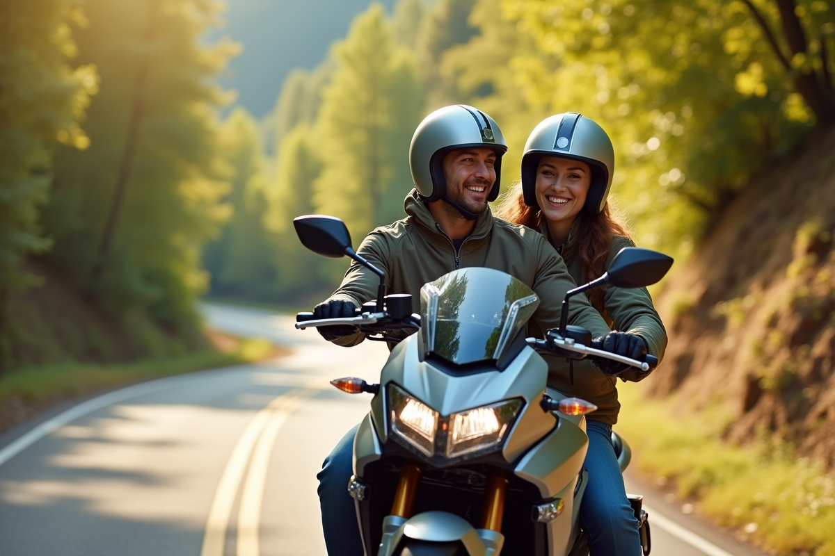 Couple en moto sur route sinueuse en pleine nature