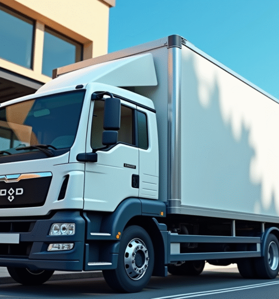 Camion de livraison moderne devant une petite entreprise