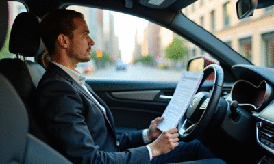 Conducteur VTC confiant dans sa voiture moderne avec documents d'assurance