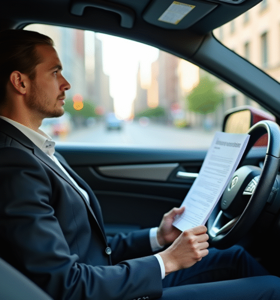 Conducteur VTC confiant dans sa voiture moderne avec documents d'assurance