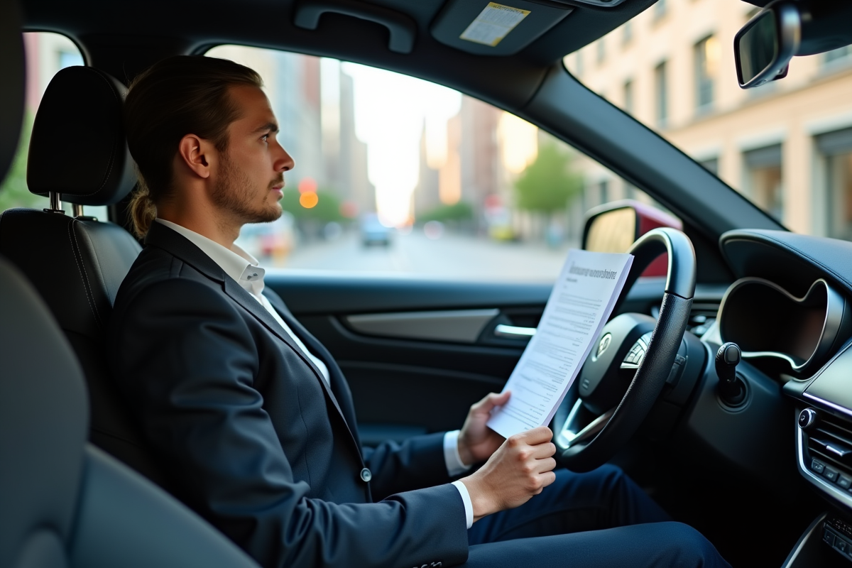 Conducteur VTC confiant dans sa voiture moderne avec documents d'assurance