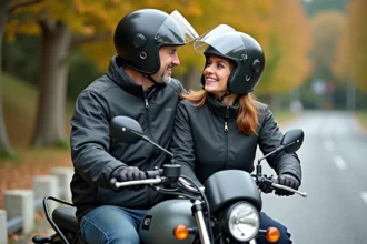 Homme et femme en casques moto souriants sur une moto de voyage