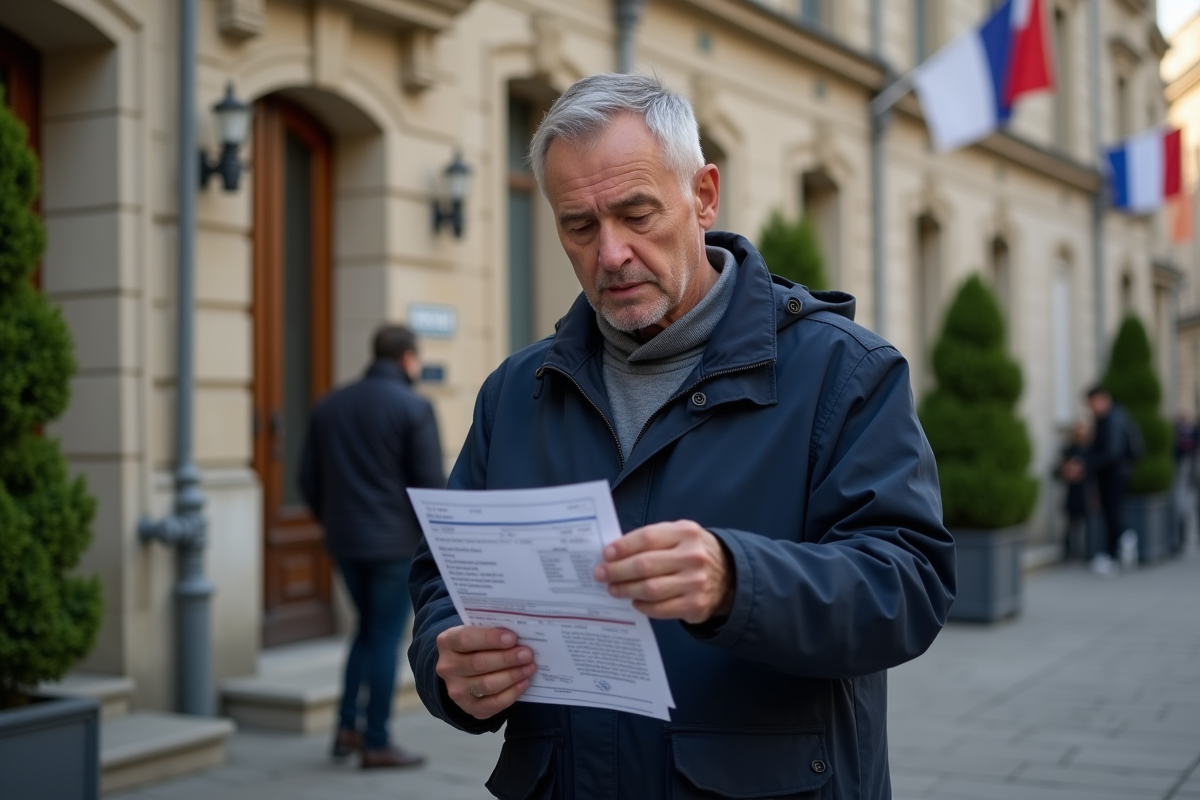 Homme vérifiant ses papiers devant la préfecture