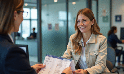 Femme souriante échangeant son permis à une agente