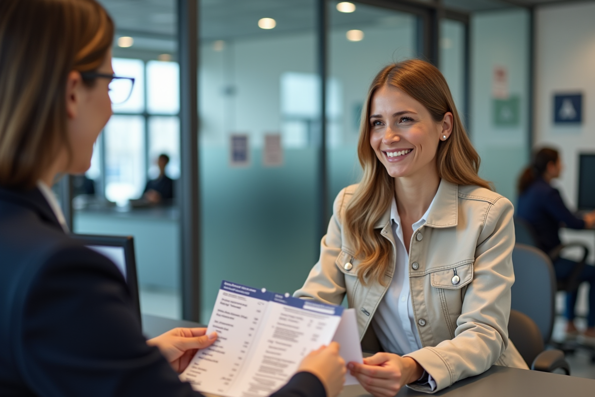 Femme souriante échangeant son permis à une agente