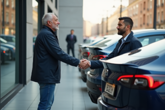 Homme d'âge moyen serrant la main d'un représentant de concession avec voitures 2025 en arrière-plan
