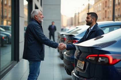 Homme d'âge moyen serrant la main d'un représentant de concession avec voitures 2025 en arrière-plan