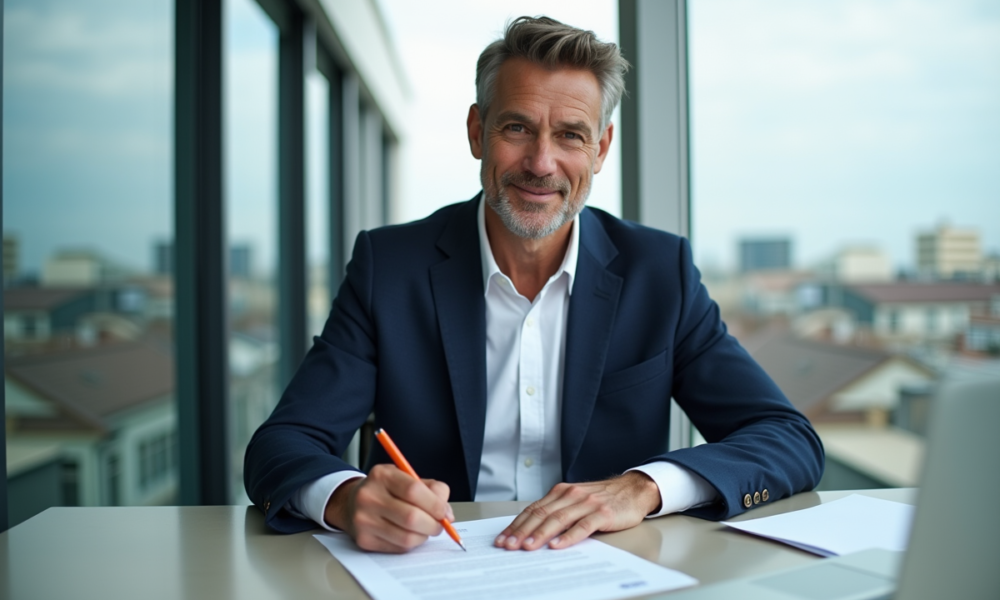 Homme d'affaires signant un contrat de franchise dans un bureau moderne