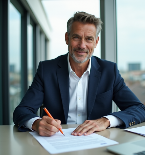 Homme d'affaires signant un contrat de franchise dans un bureau moderne