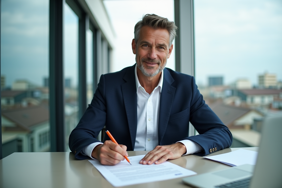 Homme d'affaires signant un contrat de franchise dans un bureau moderne