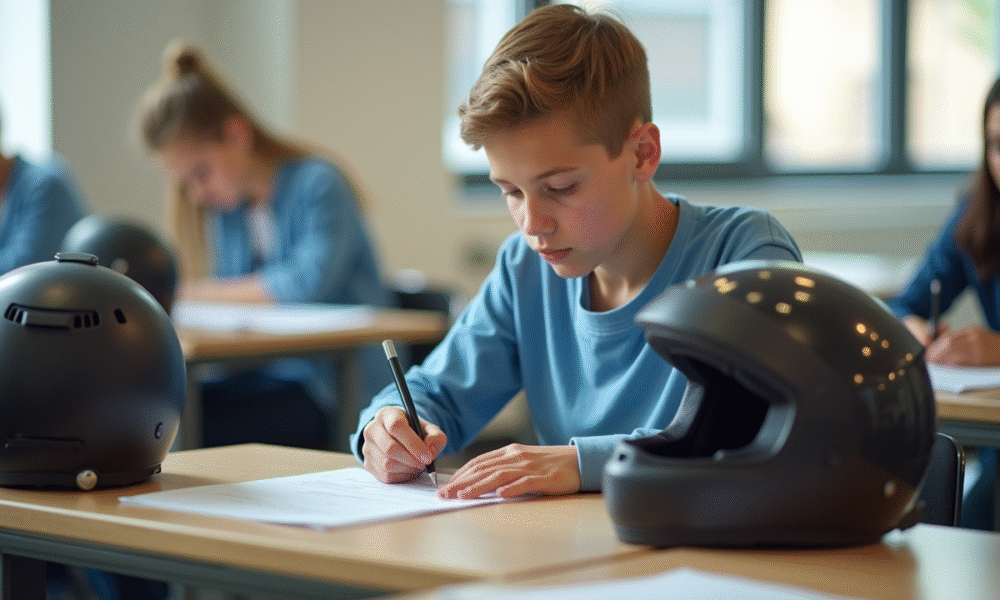 Jeune passant un examen théorique pour permis scooter en classe