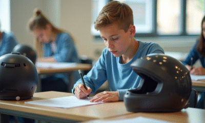 Jeune passant un examen théorique pour permis scooter en classe