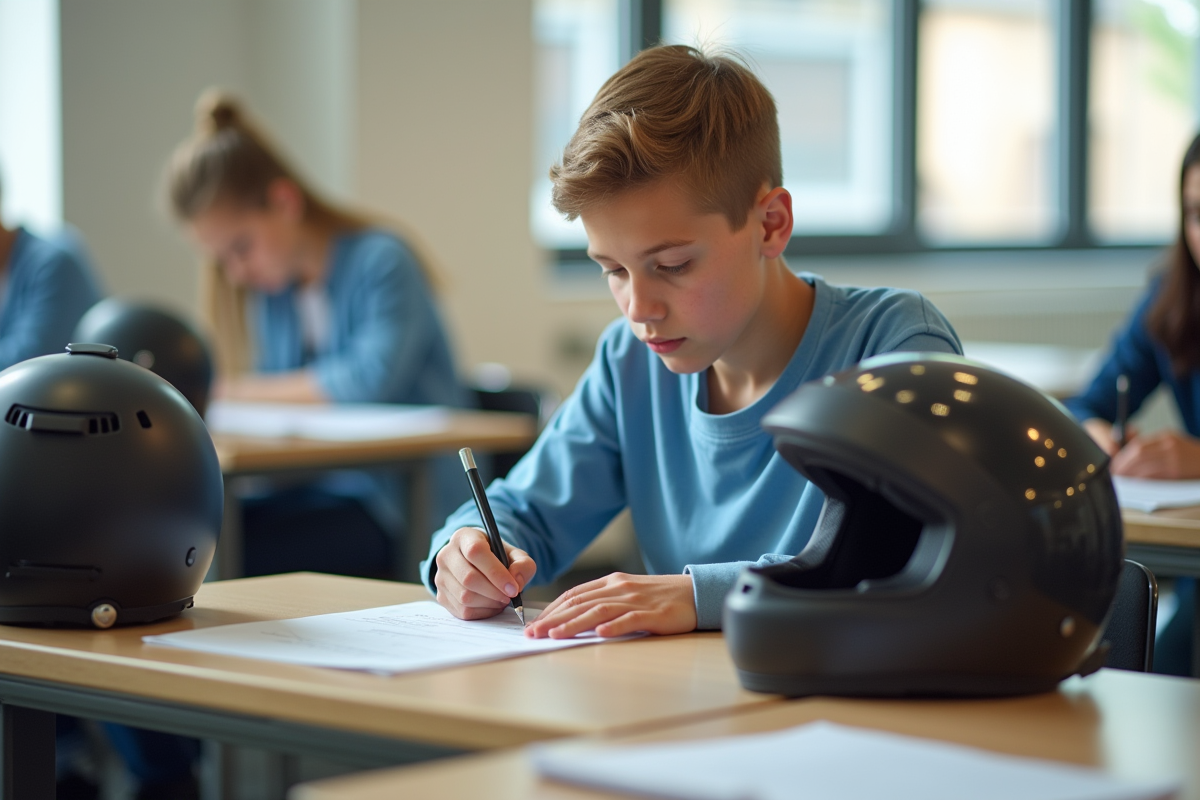 Jeune passant un examen théorique pour permis scooter en classe