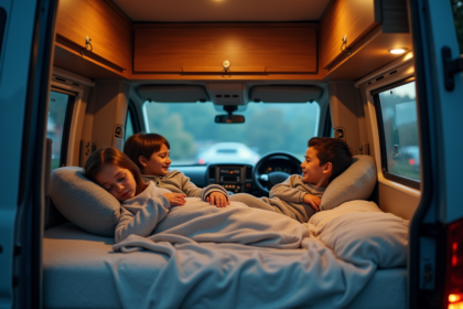 Famille de quatre dans un van camper la nuit