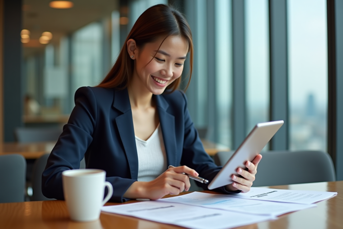 Jeune femme professionnelle utilise une tablette en réunion