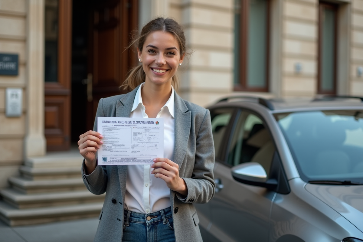 Femme tenant sa carte grise devant la prefecture
