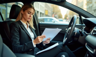 Jeune femme en costume lisant un contrat de leasing voiture