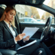 Jeune femme en costume lisant un contrat de leasing voiture