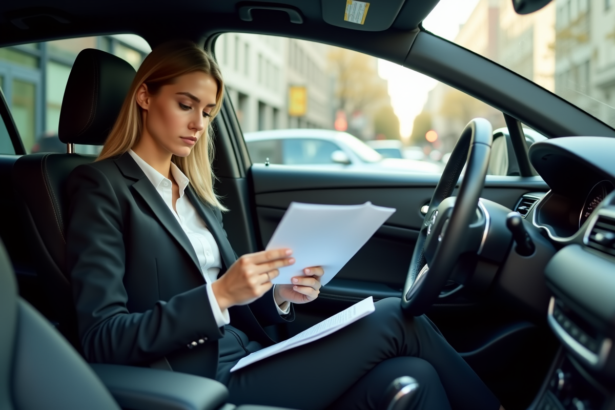 Jeune femme en costume lisant un contrat de leasing voiture