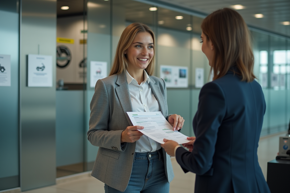 Femme présentant son permis de scooter à un officiel en intérieur