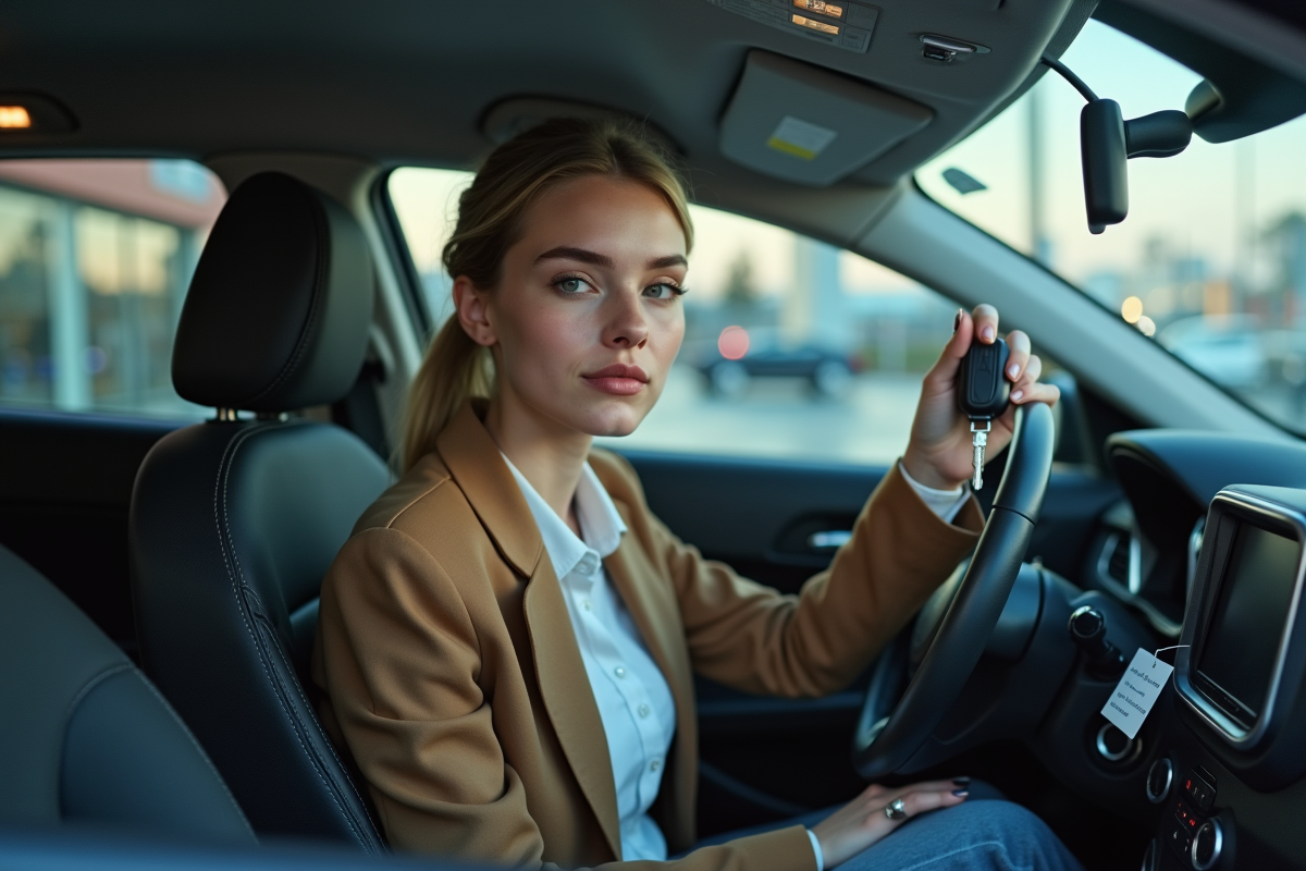 Jeune femme avec clés de voiture dans un concessionnaire
