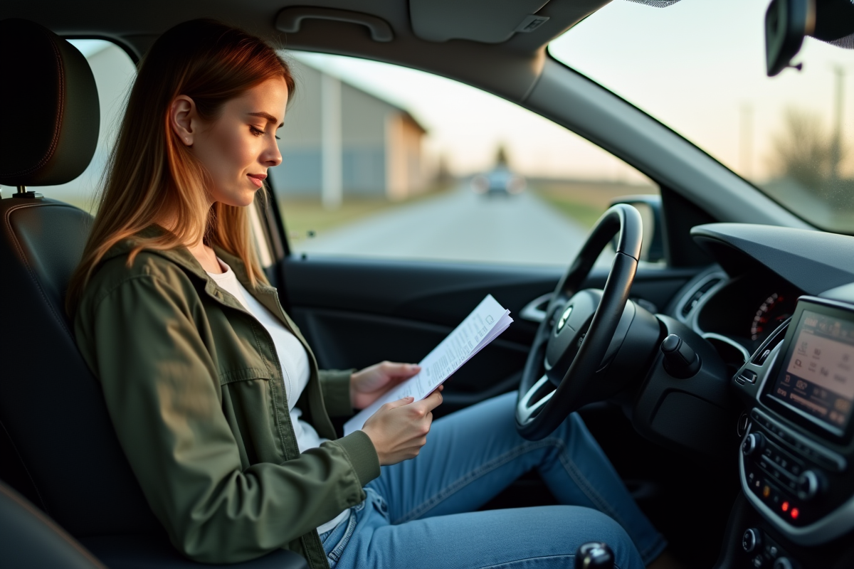 Jeune femme consultante un manuel auto dans une Renault