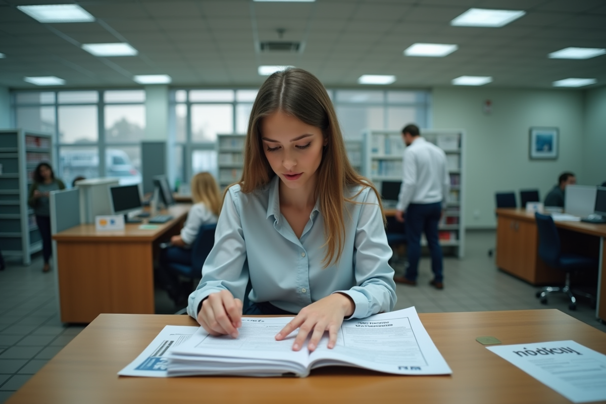 Femme examinant documents dans une préfecture française