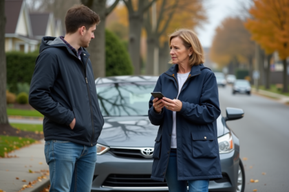 Femme inquiète avec sa voiture endommagée dans un quartier résidentiel
