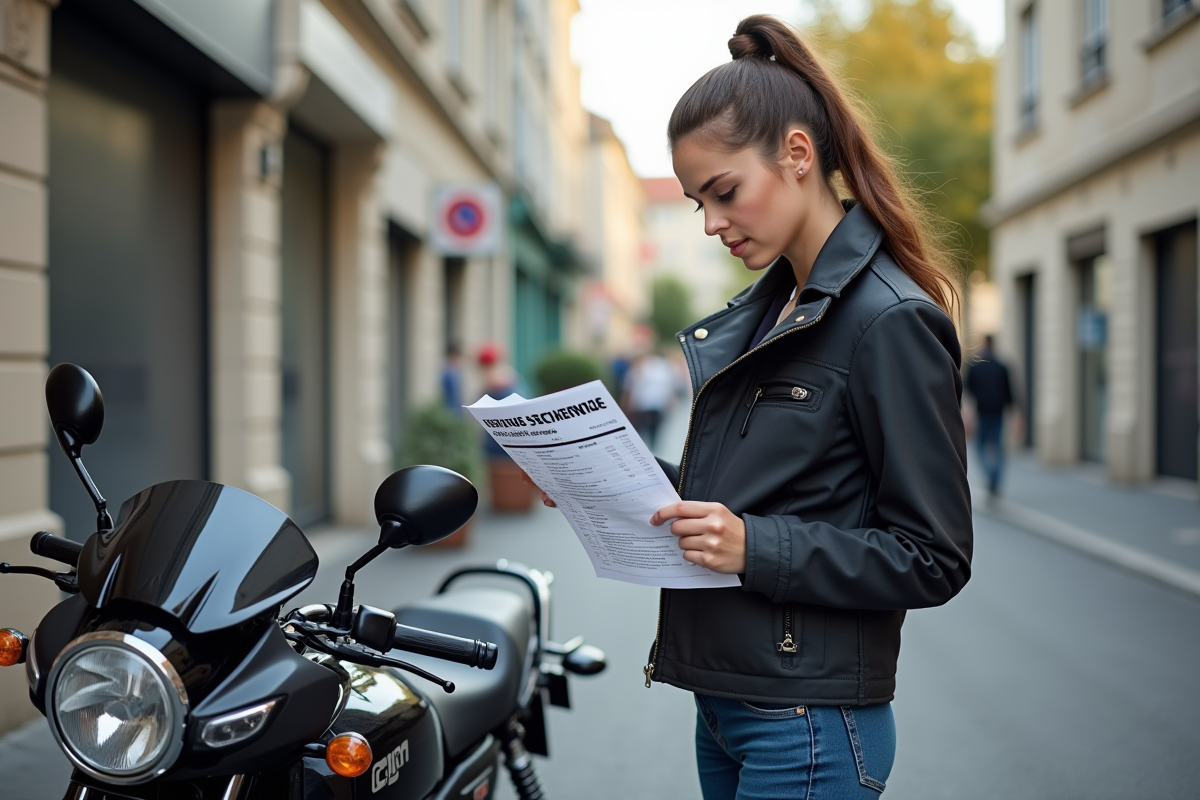 Jeune femme examine une liste de prix à côté de sa moto en ville