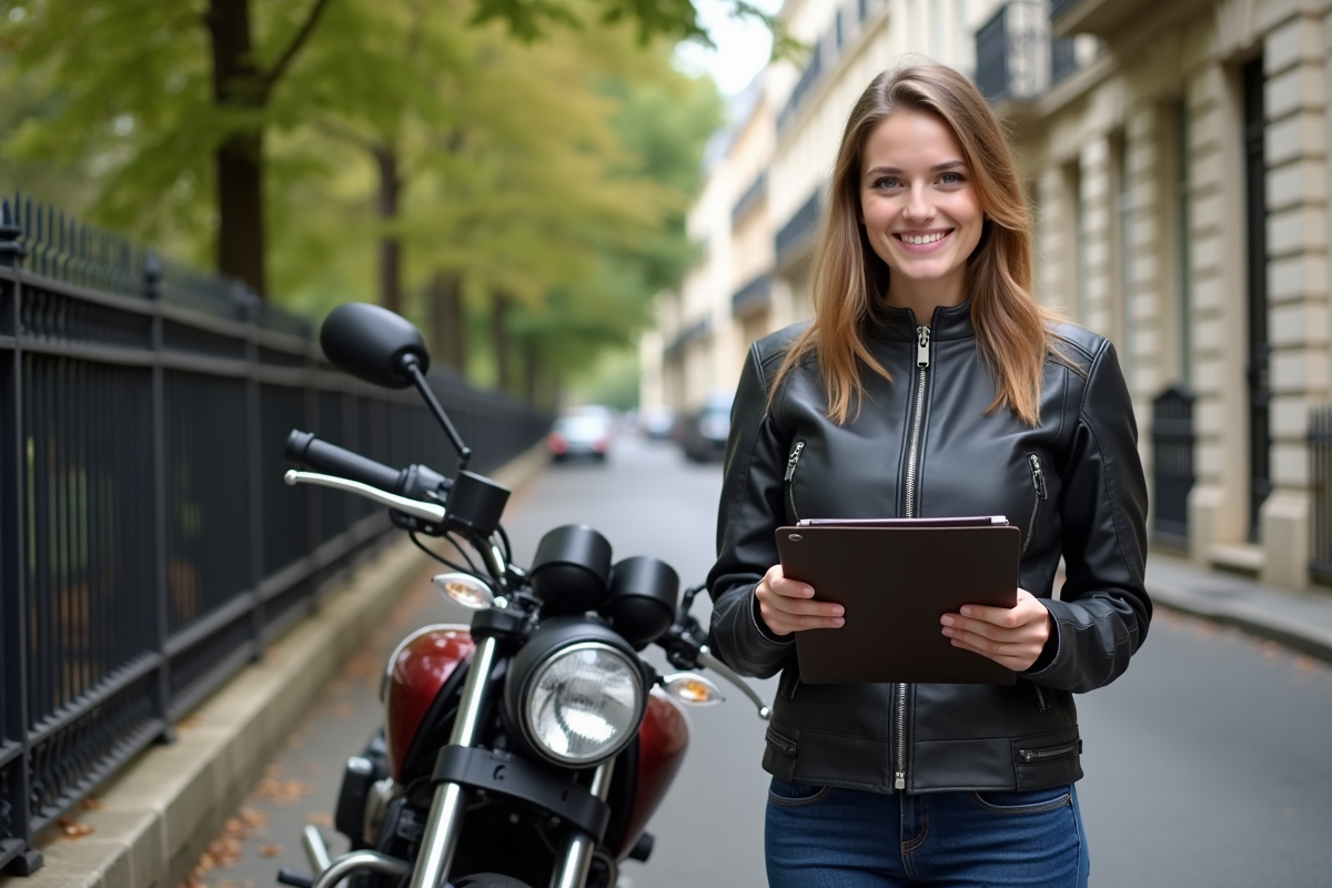 Jeune femme avec veste moto souriante à côté d