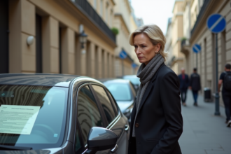 Femme d'affaires parisienne regarde une contravention sur le parebrise