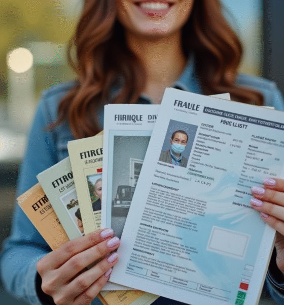 Femme française tenant différents permis de conduire