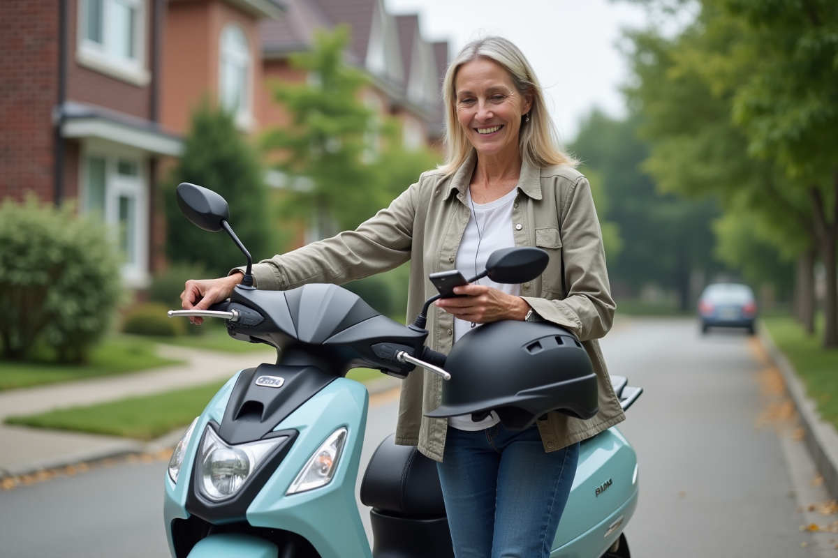 Femme souriante avec scooter dans une rue résidentielle