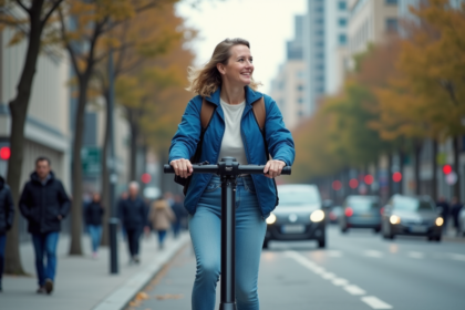 Femme souriante en ville montant un scooter moderne