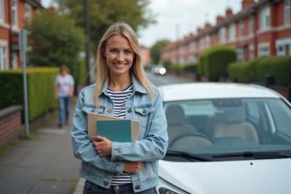 Femme souriante avec voiture dans rue résidentielle