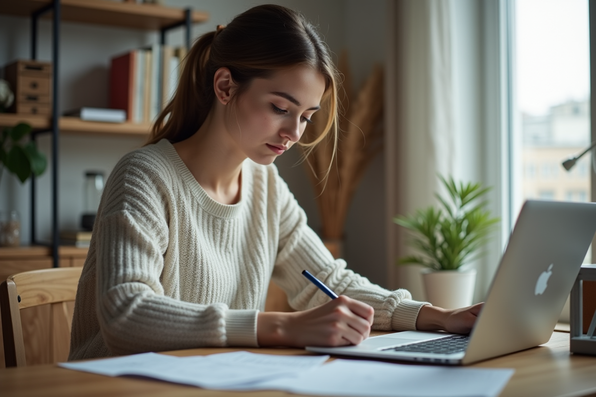 Jeune femme à son bureau à la maison en train de remplir des papiers