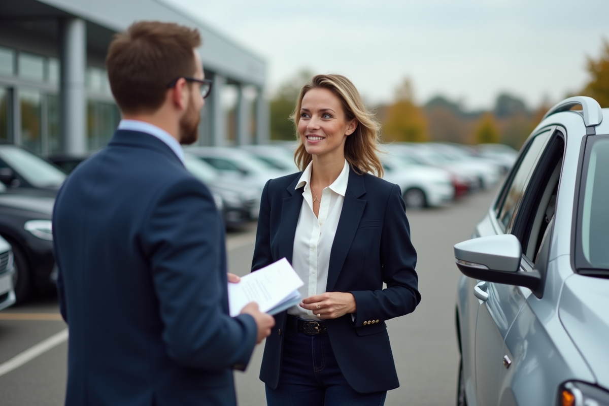 Femme vendeuse automobile devant une voiture