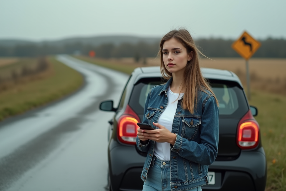 Jeune femme inquiète à côté de sa voiture en campagne