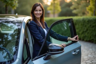 Femme souriante ferme la porte d'une voiture électrique moderne