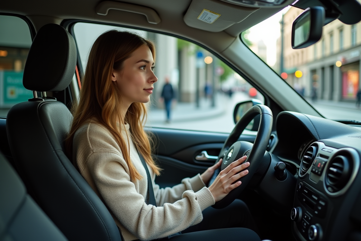 Jeune femme dans une voiture regardant le feu vert