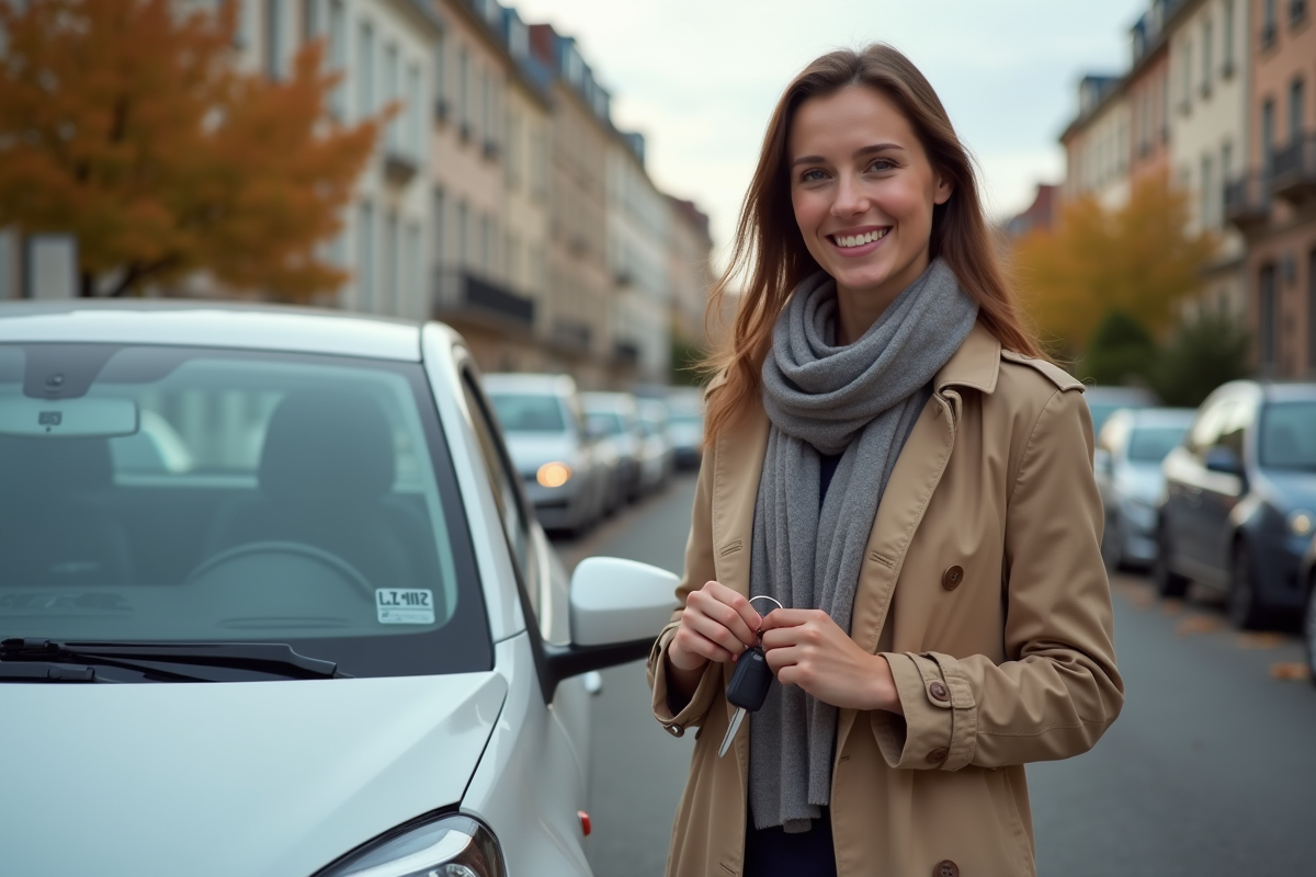 Jeune femme souriante avec clés de voiture devant une voiture en ville