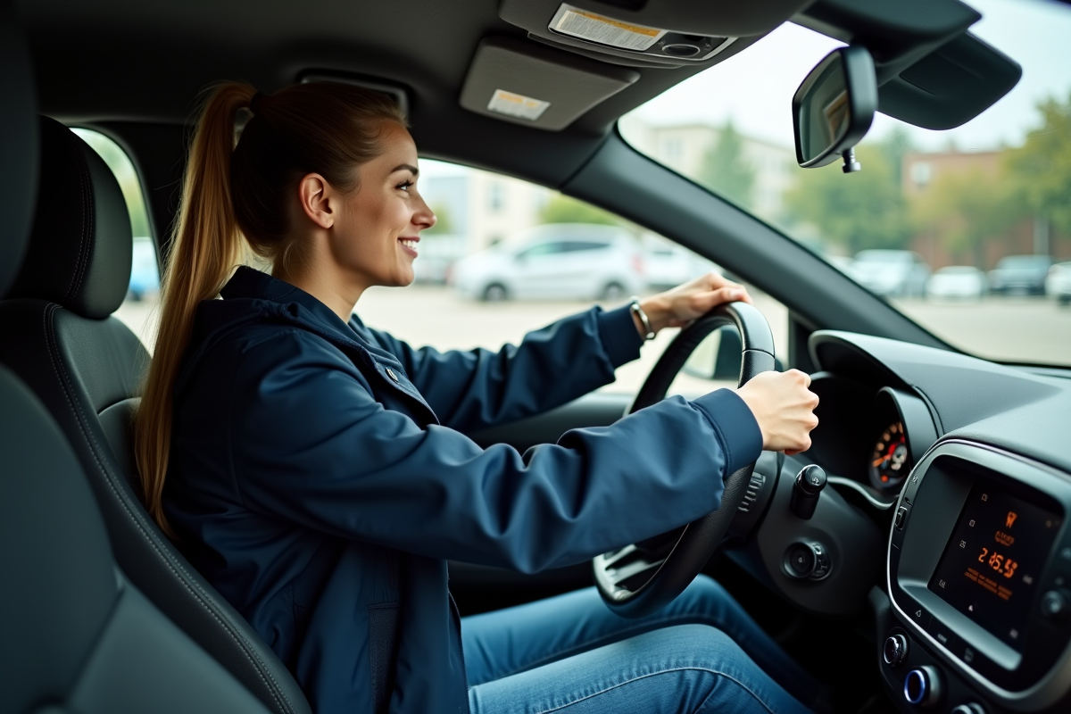 Femme en voiture compacte en ville avec tableau de bord