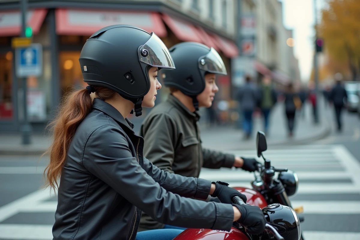 Fille et père en gear moto utilisant signaux en ville
