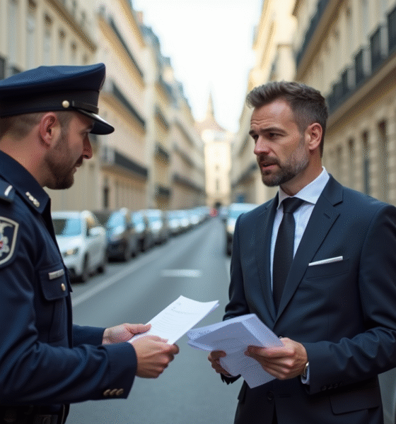 Homme d'affaires en costume parlant à un agent municipal