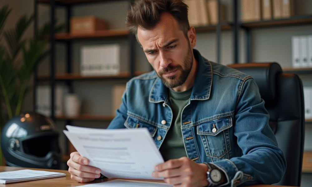 Homme d'affaires vérifiant un document d'assurance moto au bureau