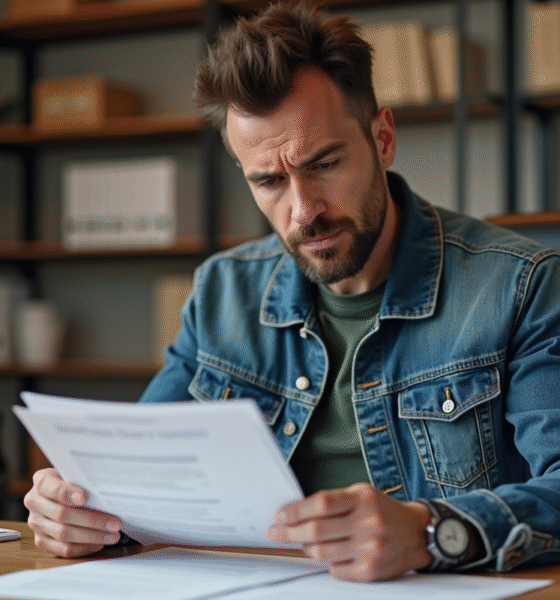 Homme d'affaires vérifiant un document d'assurance moto au bureau