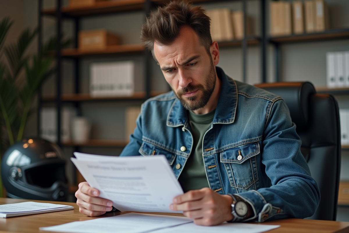 Homme d'affaires vérifiant un document d'assurance moto au bureau